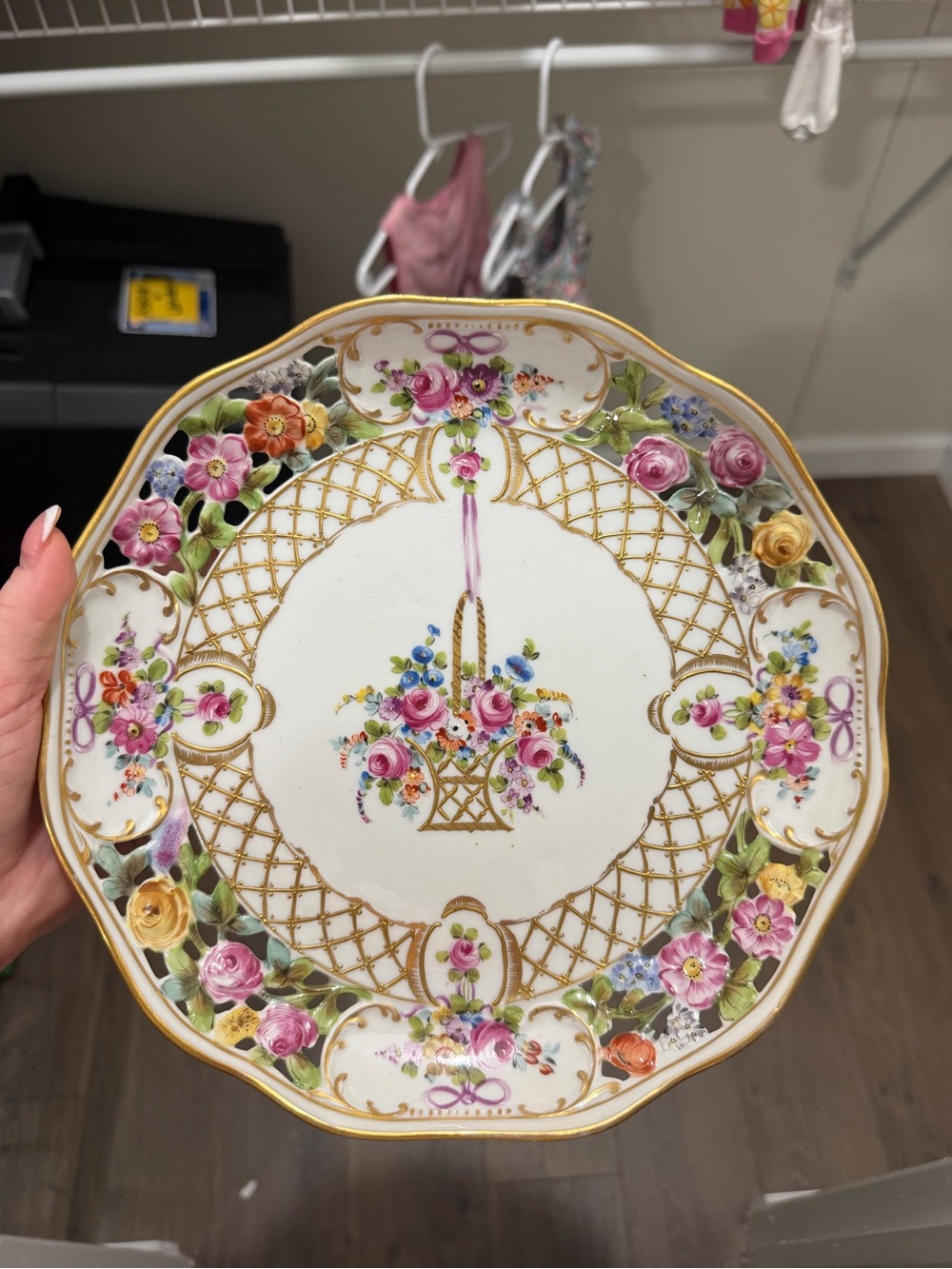Dresden Germany Hand-Painted Floral Porcelain Plate in Pink, Gold & Green